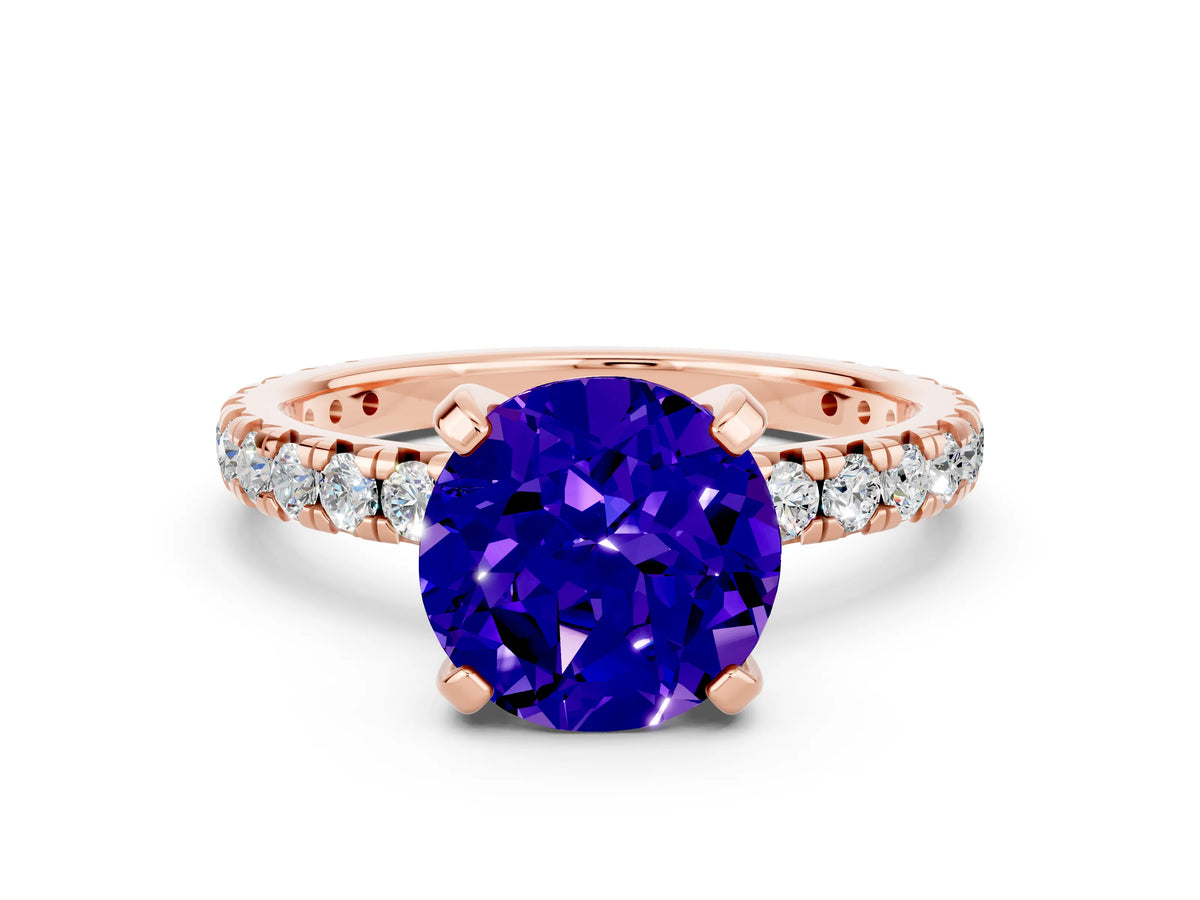 Round Cut Tanzanite Pavé Solitaire Ring in Rose gold with Round Pavé Band and Prong Setting
