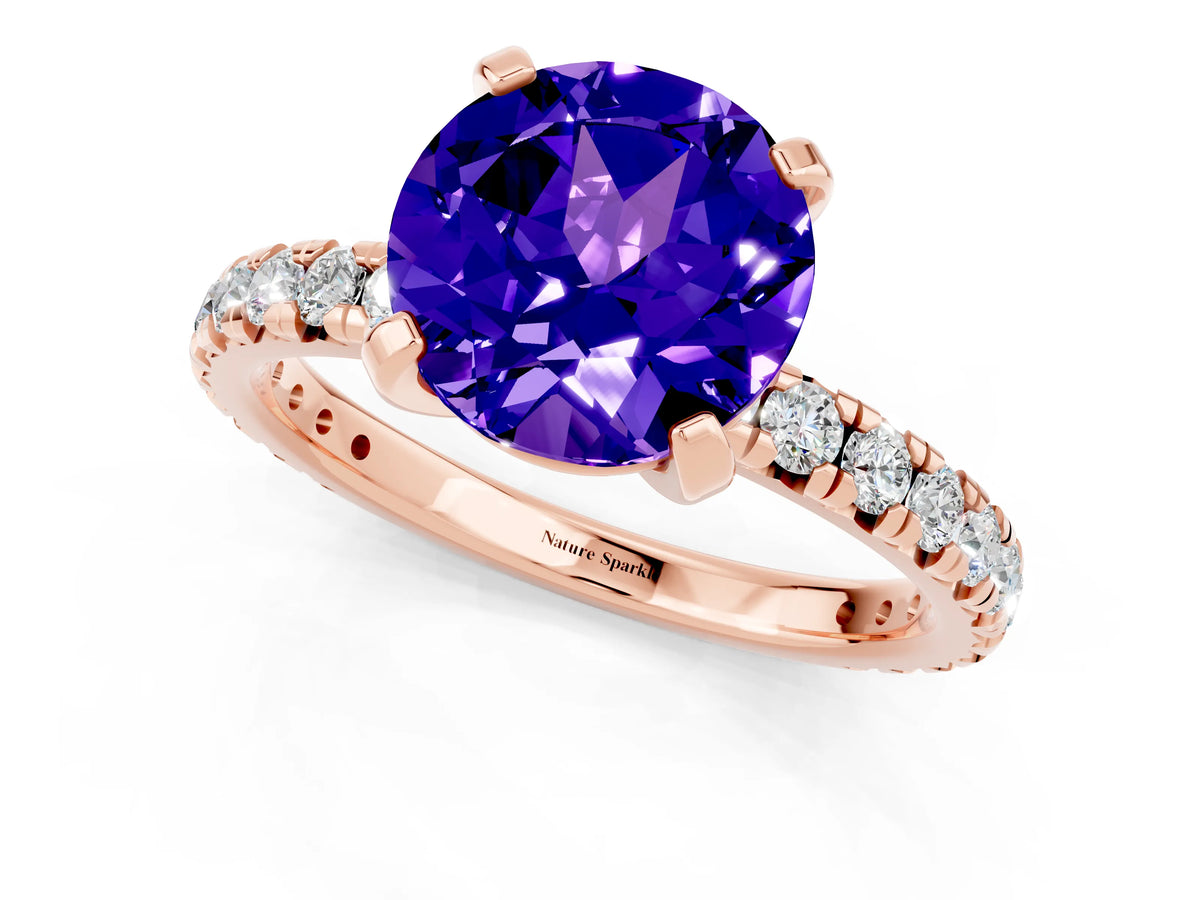 Round Cut Tanzanite Pavé Solitaire Ring in Rose gold with Round Pavé Band and Prong Setting_1