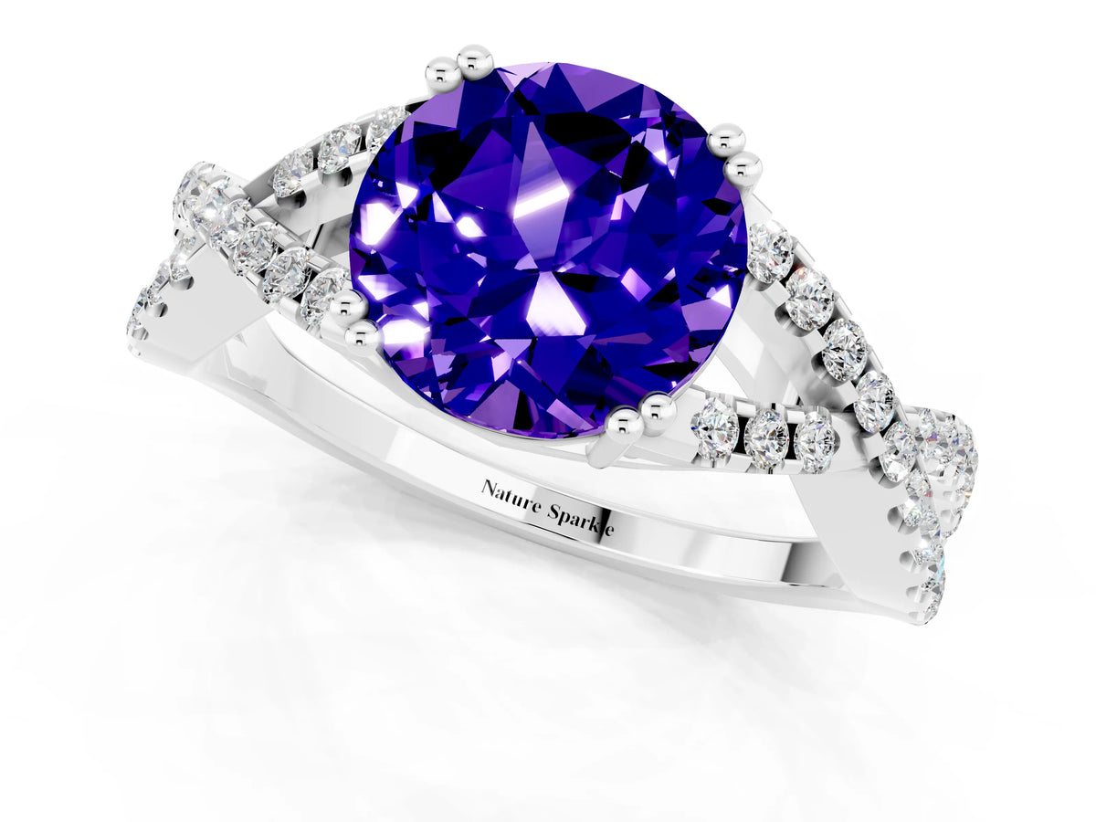 Round Cut Tanzanite Solitaire Ring in Platinum with Interwoven Pavé Band and Prong Setting_7