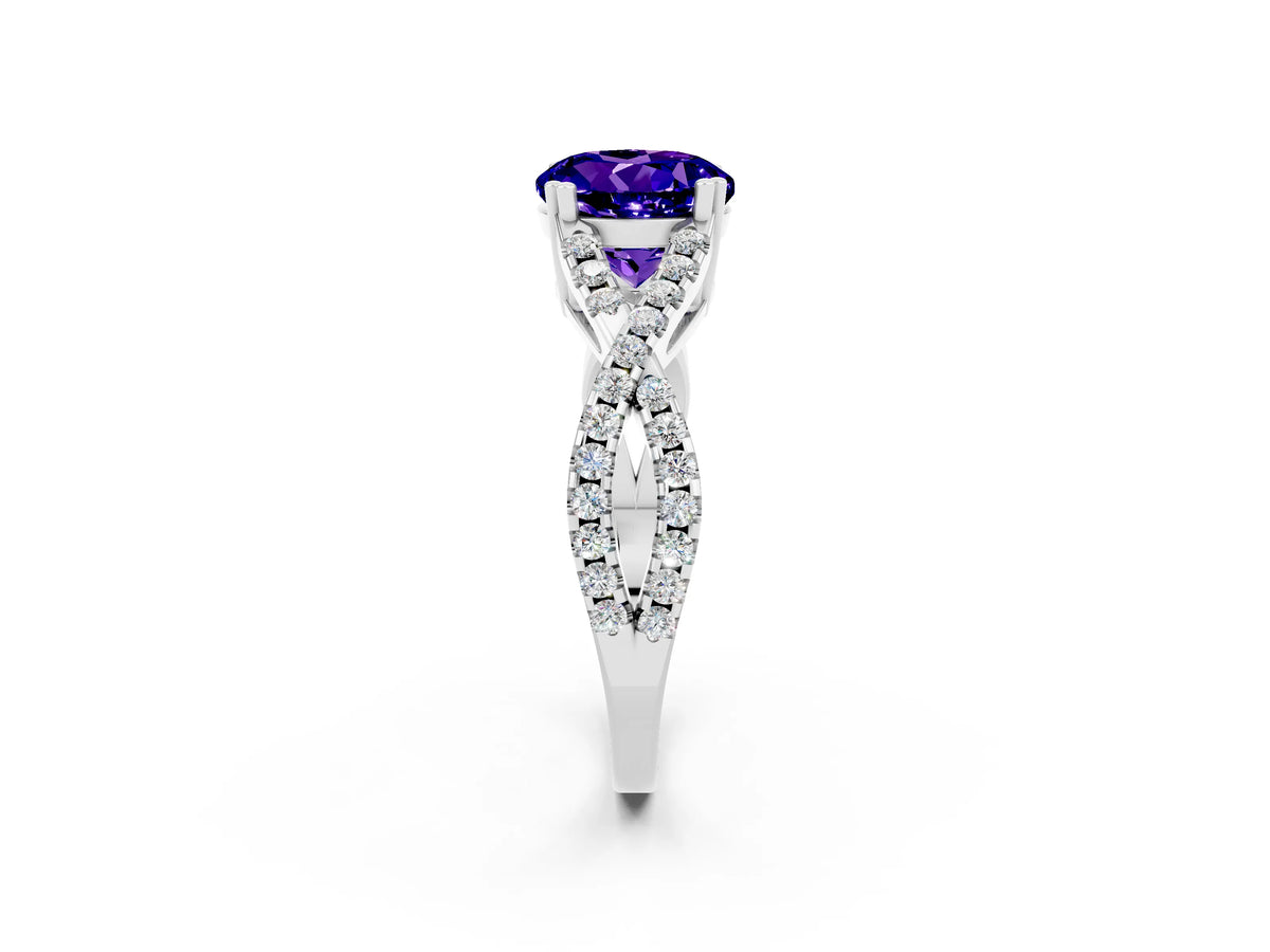 Round Cut Tanzanite Solitaire Ring in Platinum with Interwoven Pavé Band and Prong Setting_8