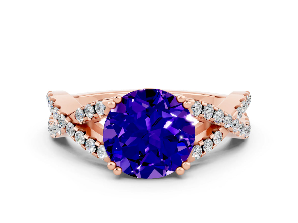 Round Cut Tanzanite Solitaire Ring in Rose gold with Interwoven Pavé Band and Prong Setting