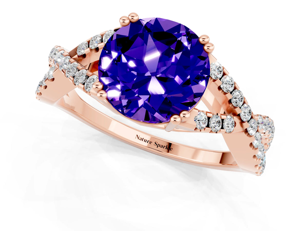 Round Cut Tanzanite Solitaire Ring in Rose gold with Interwoven Pavé Band and Prong Setting_1