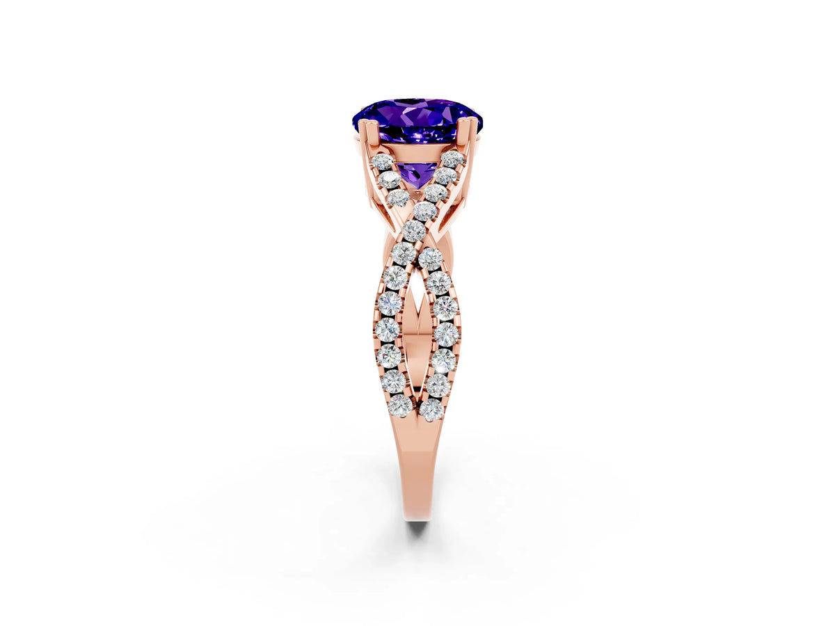 Round Cut Tanzanite Solitaire Ring in Rose gold with Interwoven Pavé Band and Prong Setting_2