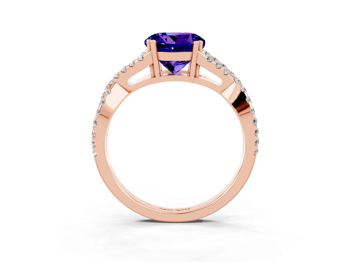 Round Cut Tanzanite Solitaire Ring in Rose gold with Interwoven Pavé Band and Prong Setting_3