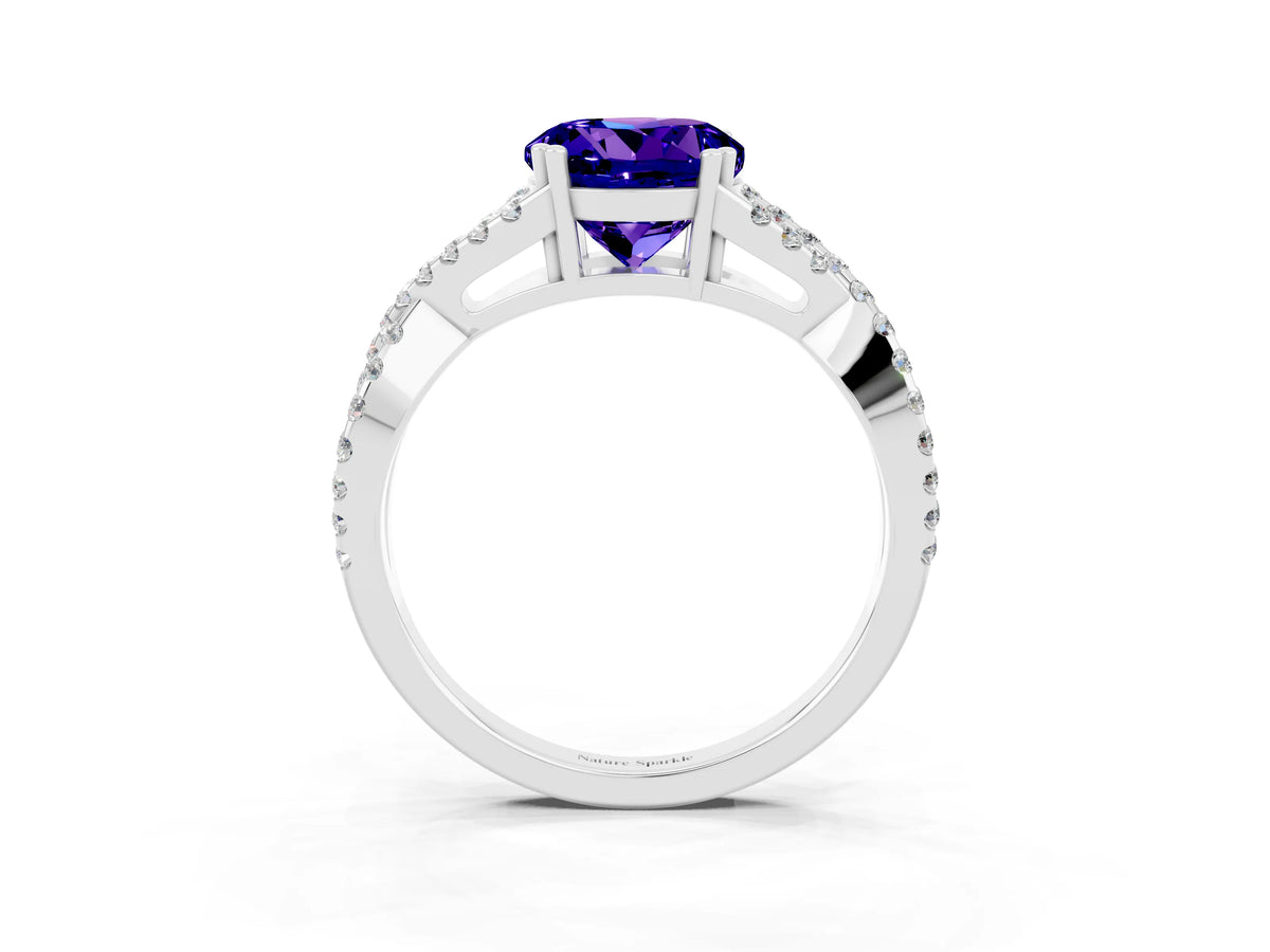 Round Cut Tanzanite Solitaire Ring in White gold with Interwoven Pavé Band and Prong Setting_3