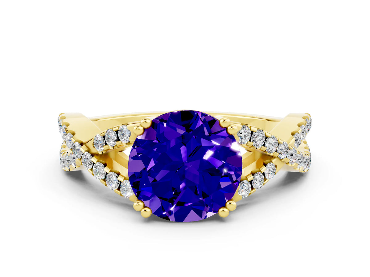 Round Cut Tanzanite Solitaire Ring in Yellow gold with Interwoven Pavé Band and Prong Setting