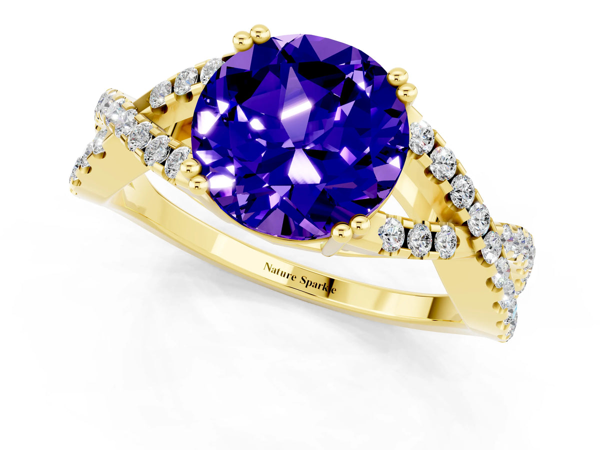 Round Cut Tanzanite Solitaire Ring in Yellow gold with Interwoven Pavé Band and Prong Setting_1