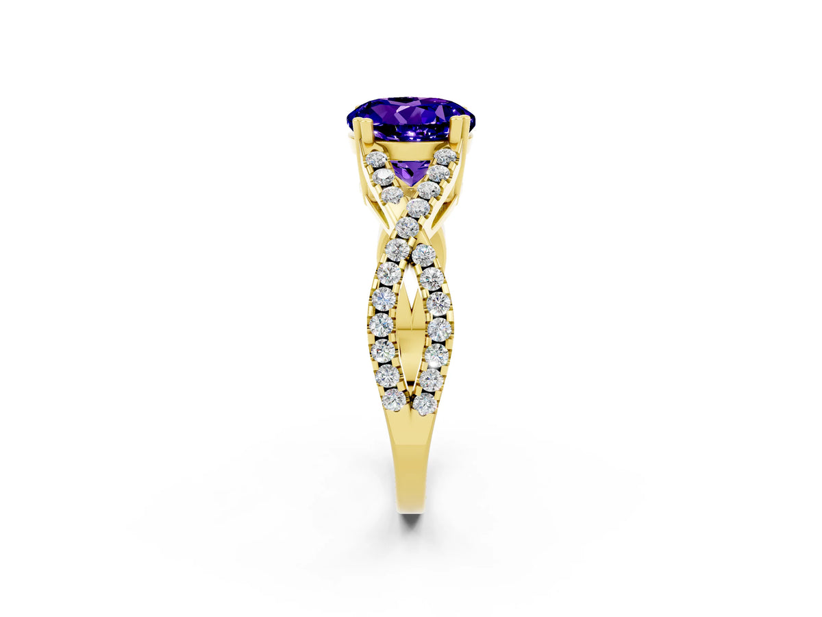 Round Cut Tanzanite Solitaire Ring in Yellow gold with Interwoven Pavé Band and Prong Setting_2