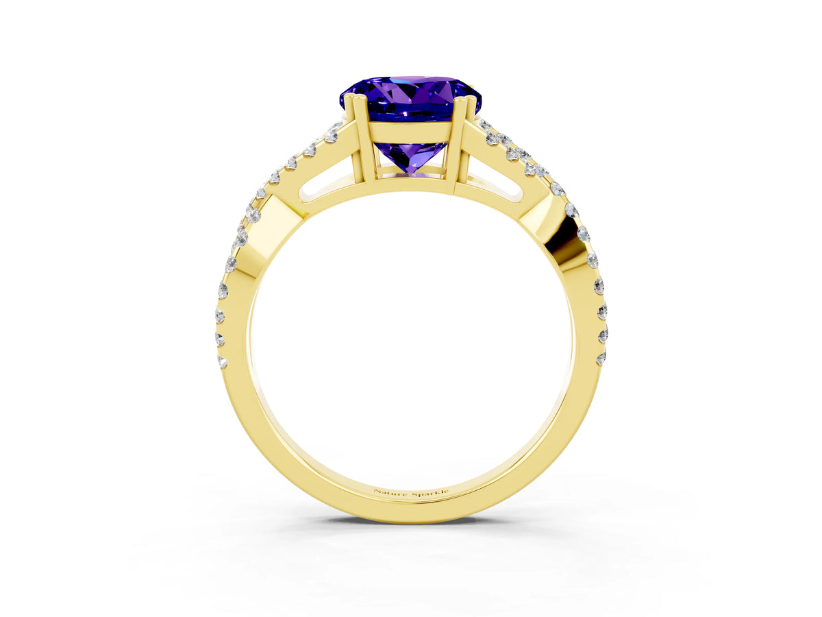 Round Cut Tanzanite Solitaire Ring in Yellow gold with Interwoven Pavé Band and Prong Setting_3