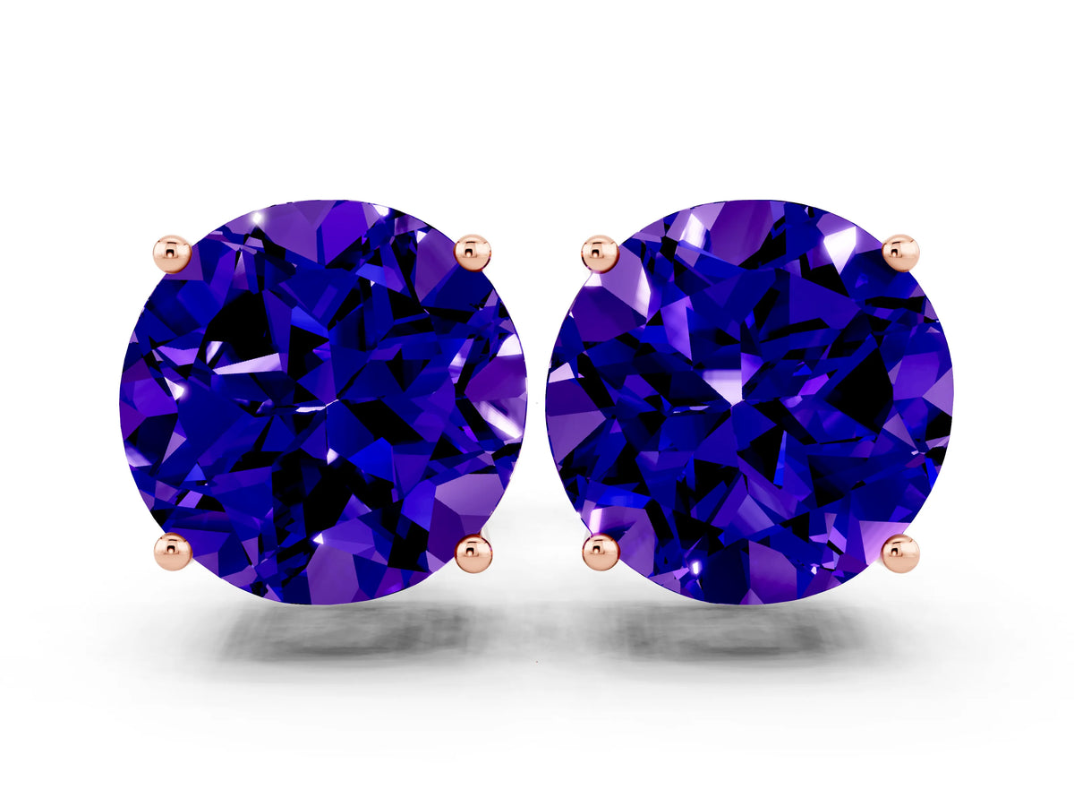Round Cut Tanzanite Stud Earrings in Rose gold with Basket Setting