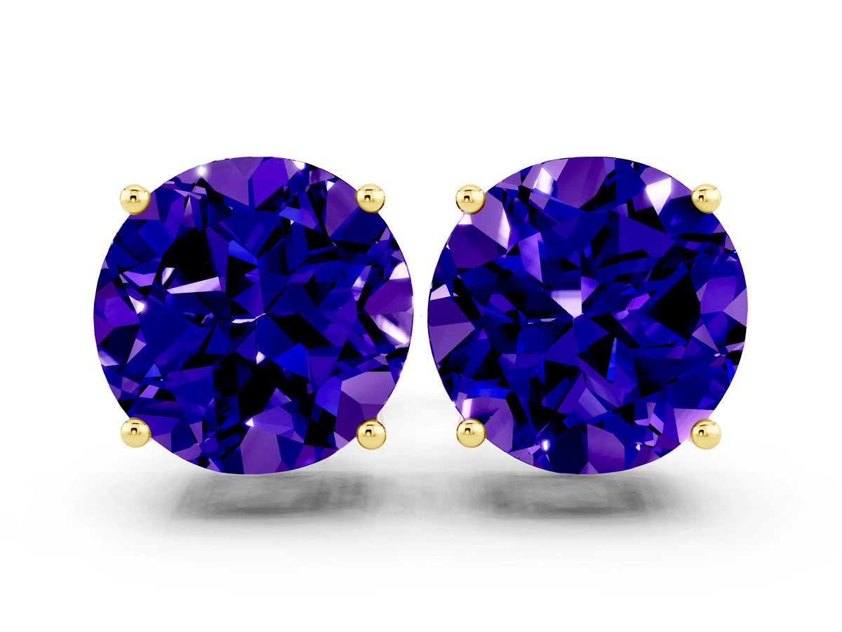 Round Cut Tanzanite Stud Earrings in Yellow gold with Basket Setting