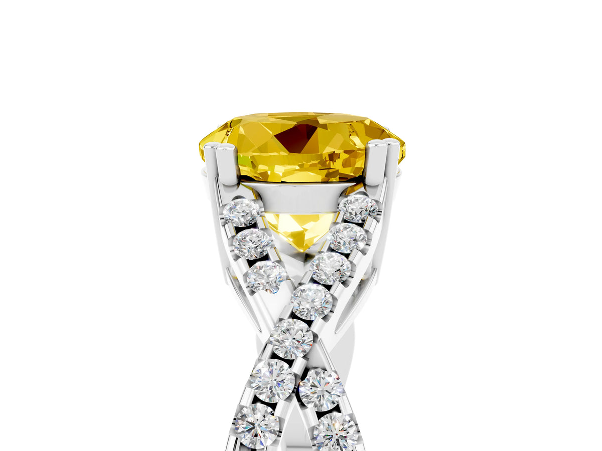 Round Cut Yellow Sapphire Solitaire Ring in Platinum with Interwoven Pavé Band and Prong Setting_11