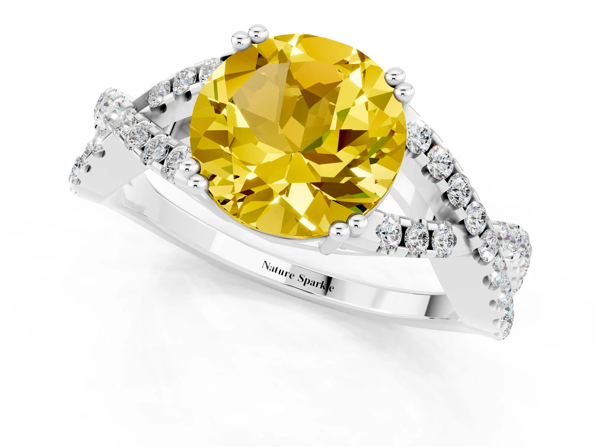 Round Cut Yellow Sapphire Solitaire Ring in Platinum with Interwoven Pavé Band and Prong Setting_7