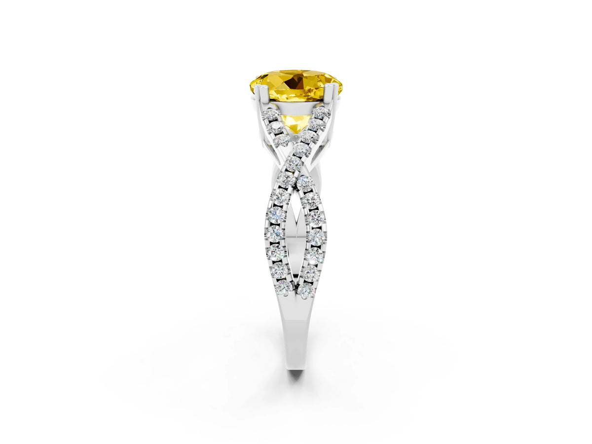 Round Cut Yellow Sapphire Solitaire Ring in Platinum with Interwoven Pavé Band and Prong Setting_8