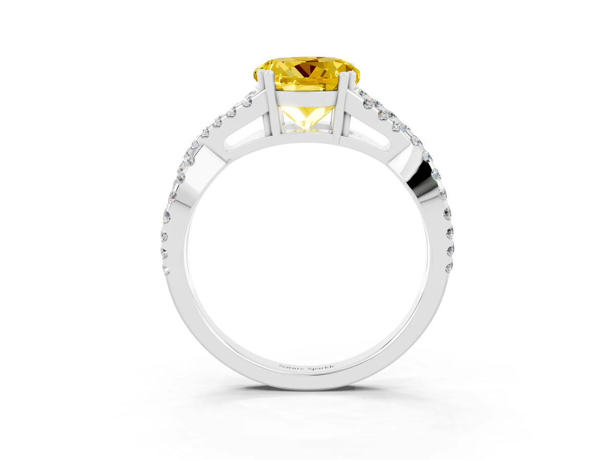 Round Cut Yellow Sapphire Solitaire Ring in Platinum with Interwoven Pavé Band and Prong Setting_9