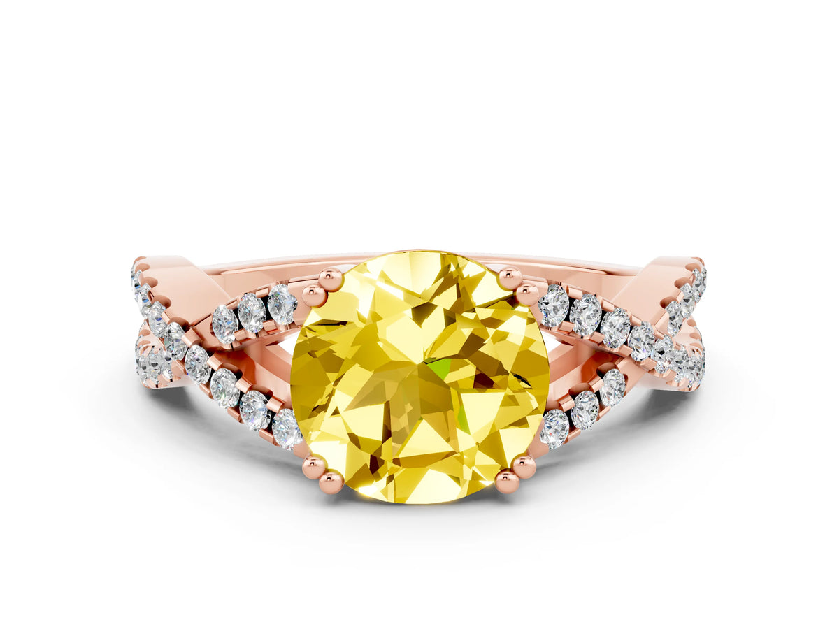 Round Cut Yellow Sapphire Solitaire Ring in Rose gold with Interwoven Pavé Band and Prong Setting