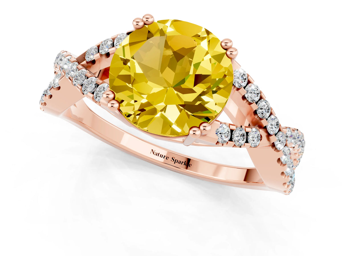 Round Cut Yellow Sapphire Solitaire Ring in Rose gold with Interwoven Pavé Band and Prong Setting_1