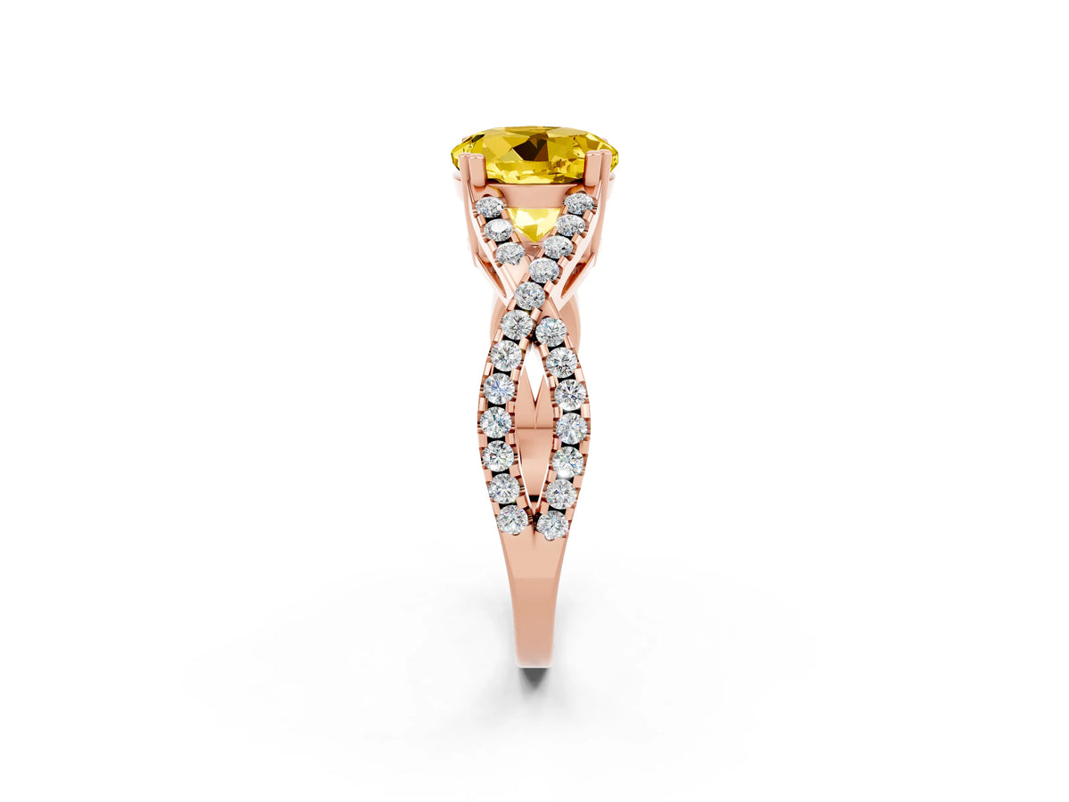 Round Cut Yellow Sapphire Solitaire Ring in Rose gold with Interwoven Pavé Band and Prong Setting_2