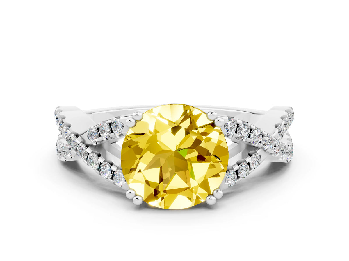 Round Cut Yellow Sapphire Solitaire Ring in White gold with Interwoven Pavé Band and Prong Setting