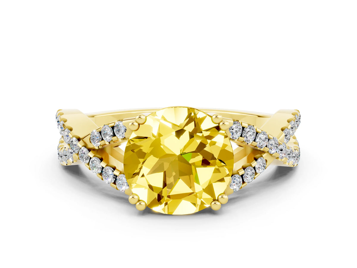 Round Cut Yellow Sapphire Solitaire Ring in Yellow gold with Interwoven Pavé Band and Prong Setting