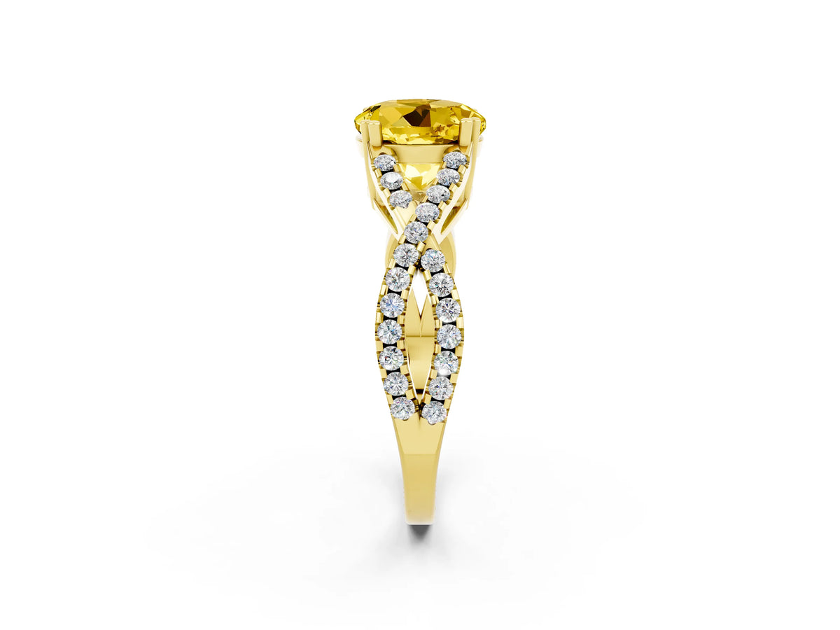 Round Cut Yellow Sapphire Solitaire Ring in Yellow gold with Interwoven Pavé Band and Prong Setting_2