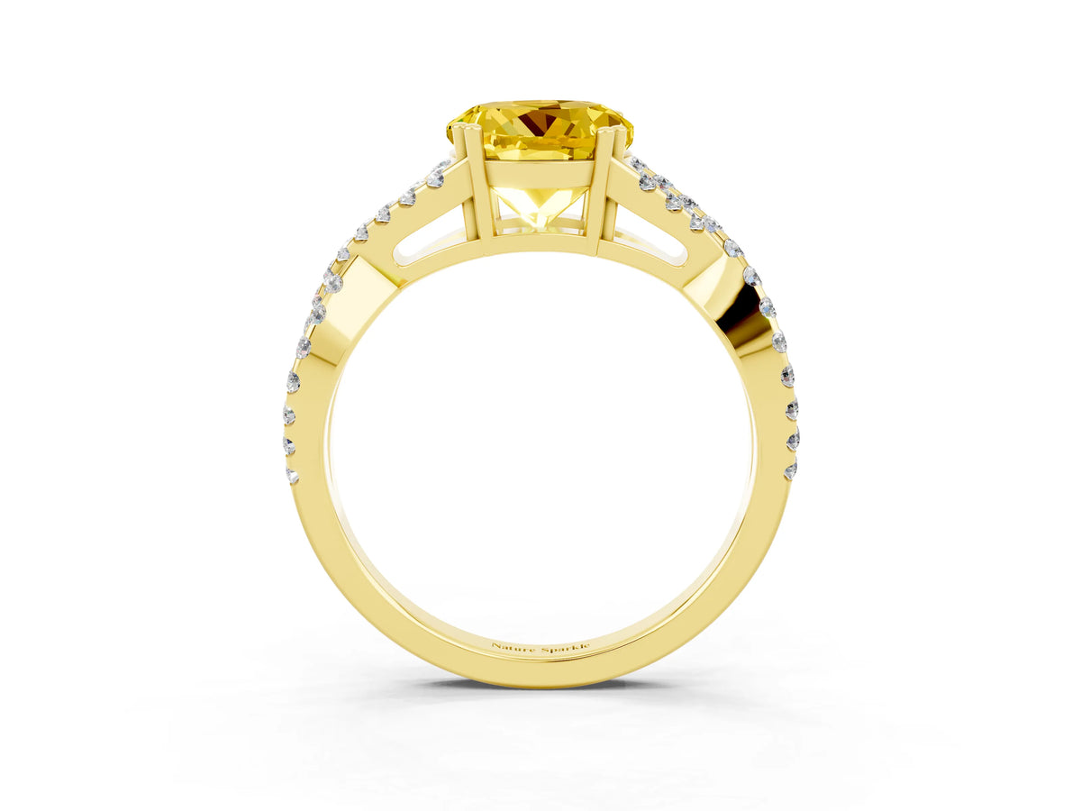 Round Cut Yellow Sapphire Solitaire Ring in Yellow gold with Interwoven Pavé Band and Prong Setting_3