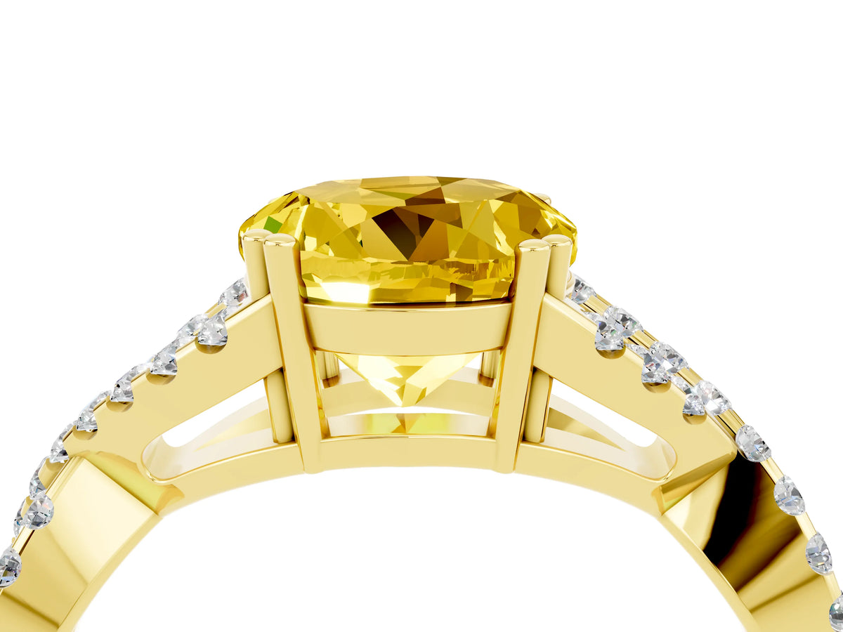 Round Cut Yellow Sapphire Solitaire Ring in Yellow gold with Interwoven Pavé Band and Prong Setting_4