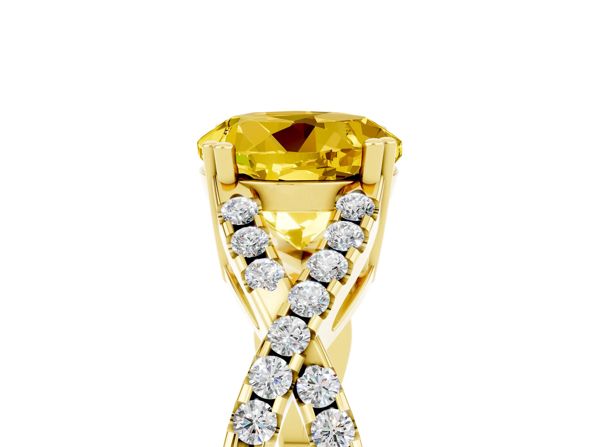 Round Cut Yellow Sapphire Solitaire Ring in Yellow gold with Interwoven Pavé Band and Prong Setting_5