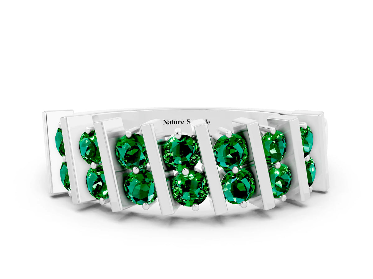 Round Emerald Anniversary Band in Silver with Channel Setting and Vertical Prongs