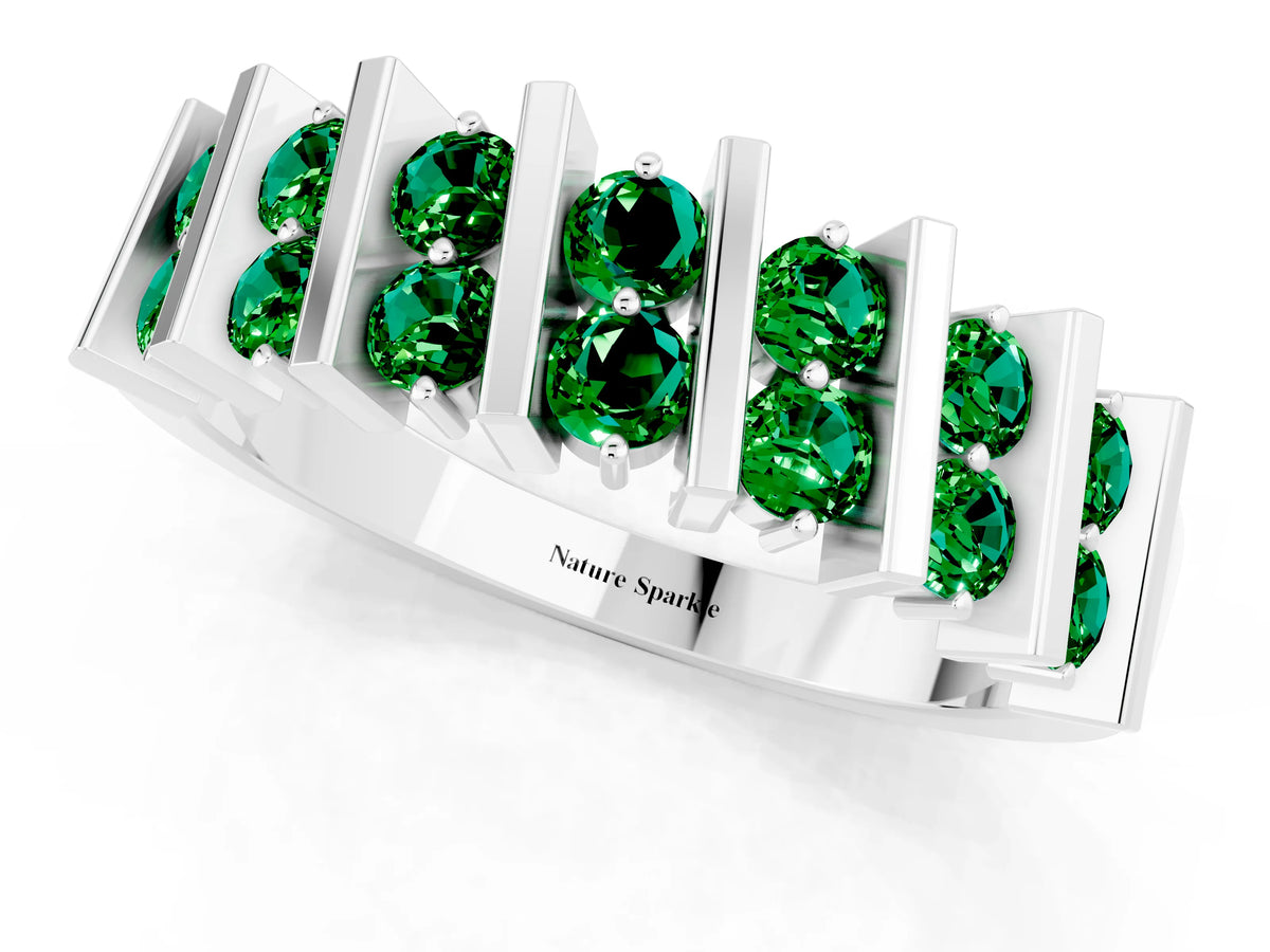 Round Emerald Anniversary Band in Silver with Channel Setting and Vertical Prongs_1