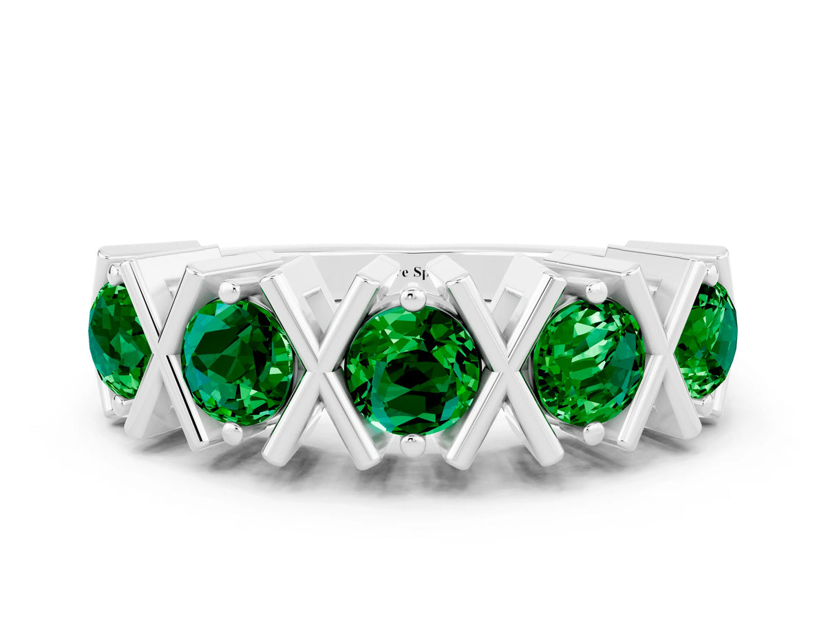 Round Emerald Channel Set Band in White gold with X-Prong Detail
