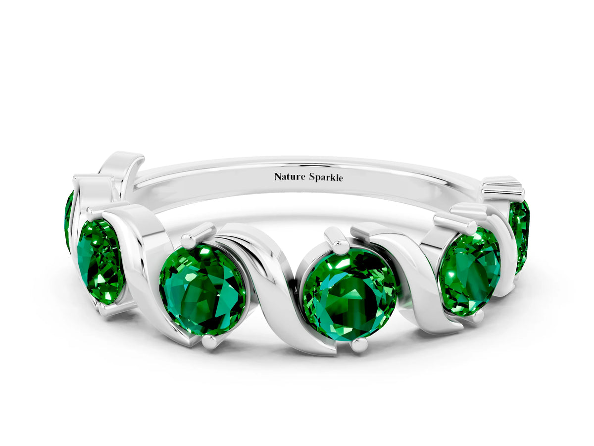 Round Emerald Half Eternity Band in Platinum with Wave Prong Setting
