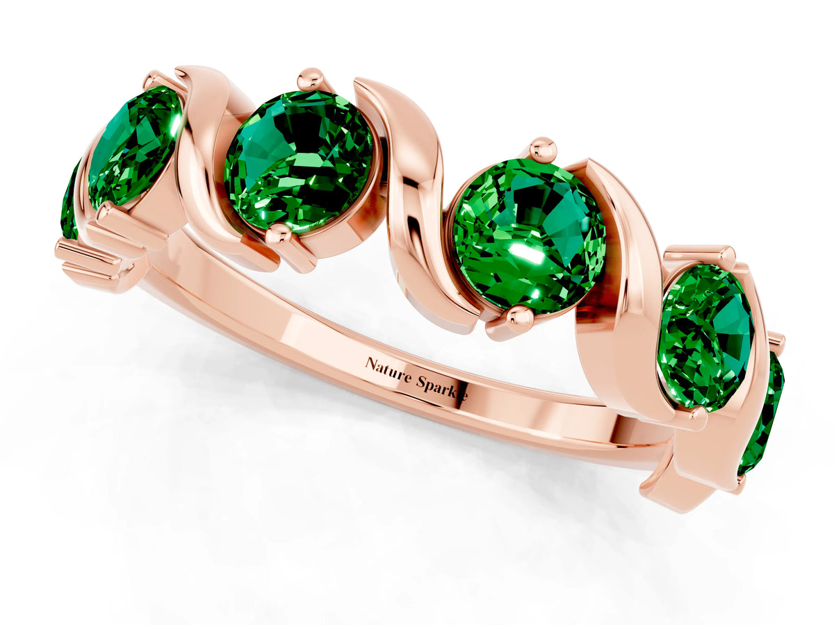 Round Emerald Half Eternity Band in Rose gold with Wave Prong Setting_1