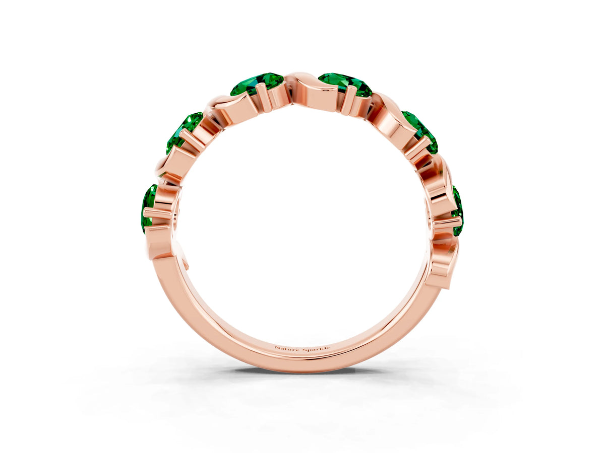 Round Emerald Half Eternity Band in Rose gold with Wave Prong Setting_3