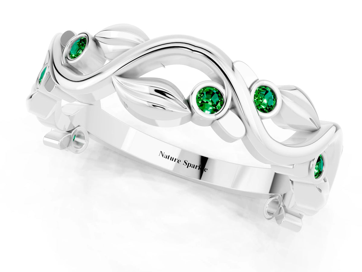 Round Emerald Leaf Motif Eternity Band in Silver with Bezel Setting_1
