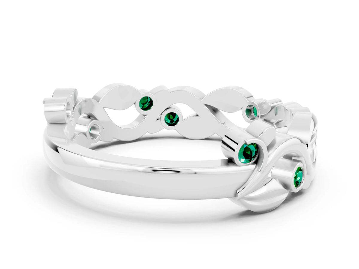 Round Emerald Leaf Motif Eternity Band in White gold with Bezel Setting