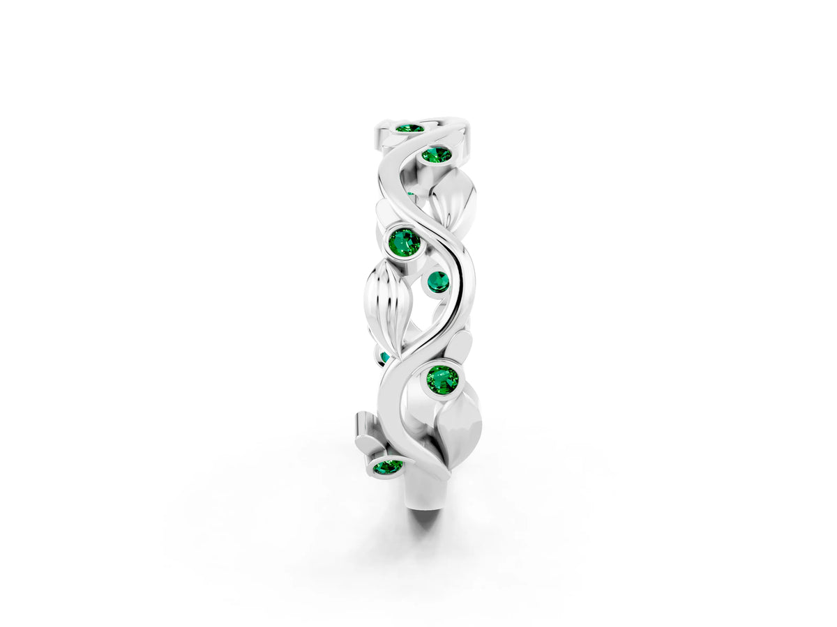 Round Emerald Leaf Motif Eternity Band in White gold with Bezel Setting_2