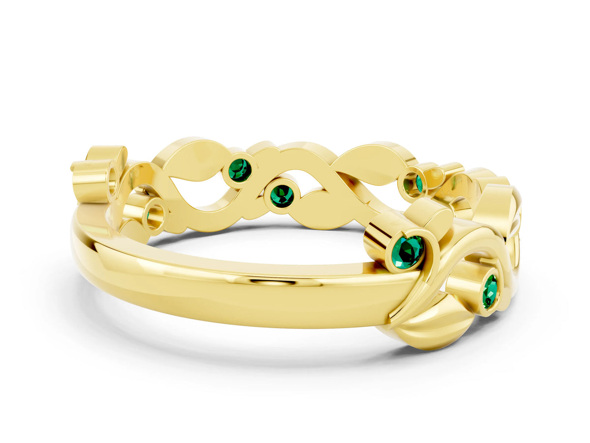 Round Emerald Leaf Motif Eternity Band in Yellow gold with Bezel Setting