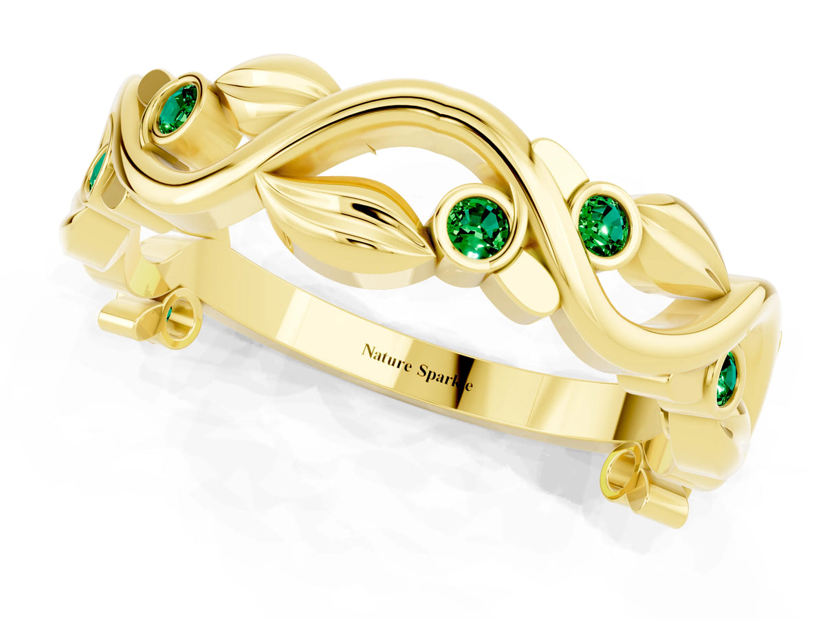 Round Emerald Leaf Motif Eternity Band in Yellow gold with Bezel Setting_1