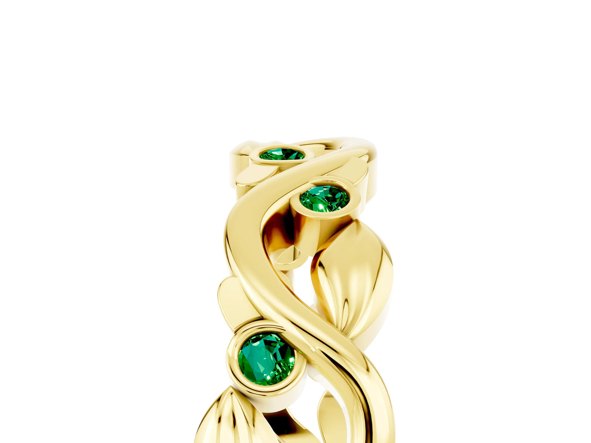Round Emerald Leaf Motif Eternity Band in Yellow gold with Bezel Setting_5