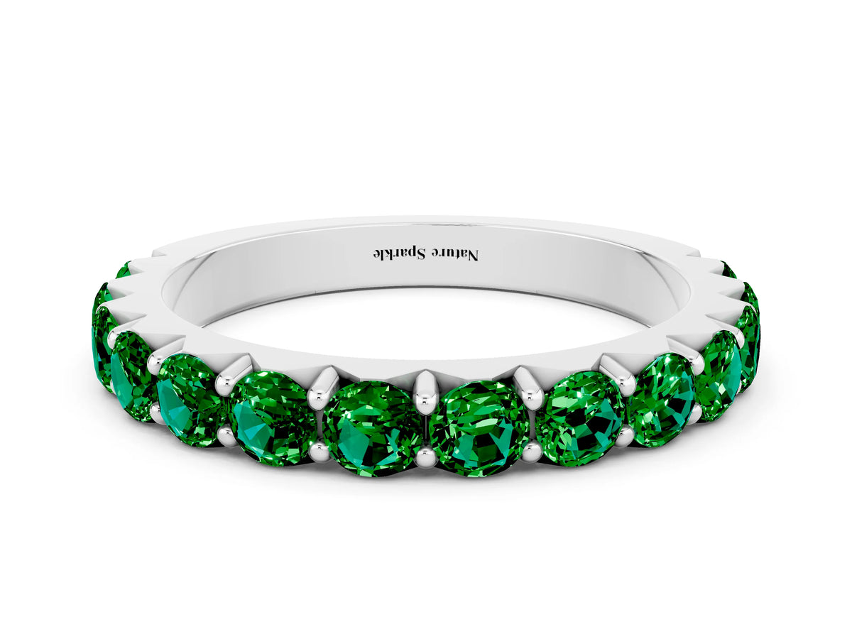 Round Emerald Polished Half Eternity Band in Platinum with Classic Prong Setting