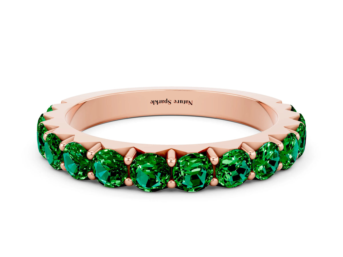 Round Emerald Polished Half Eternity Band in Rose gold with Classic Prong Setting