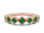 Round Emerald Square Bezel Chevron Band in Rose gold with Milgrain Detailing