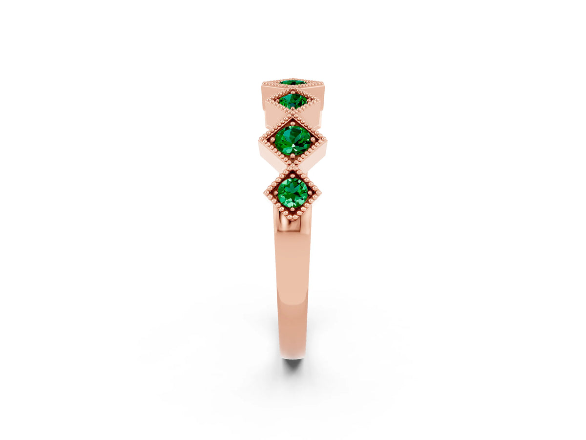 Round Emerald Square Bezel Chevron Band in Rose gold with Milgrain Detailing_2