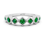 Round Emerald Square Bezel Chevron Band in Silver with Milgrain Detailing