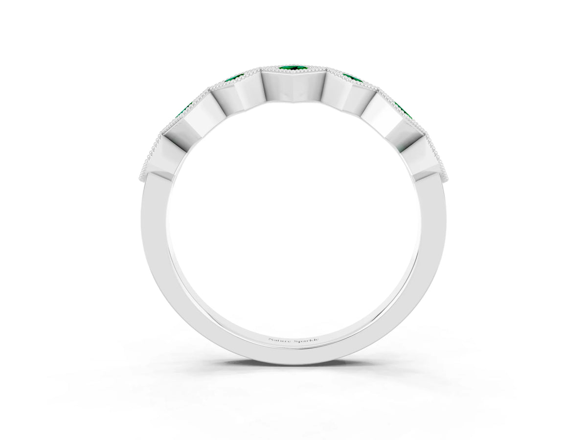 Round Emerald Square Bezel Chevron Band in Silver with Milgrain Detailing_3