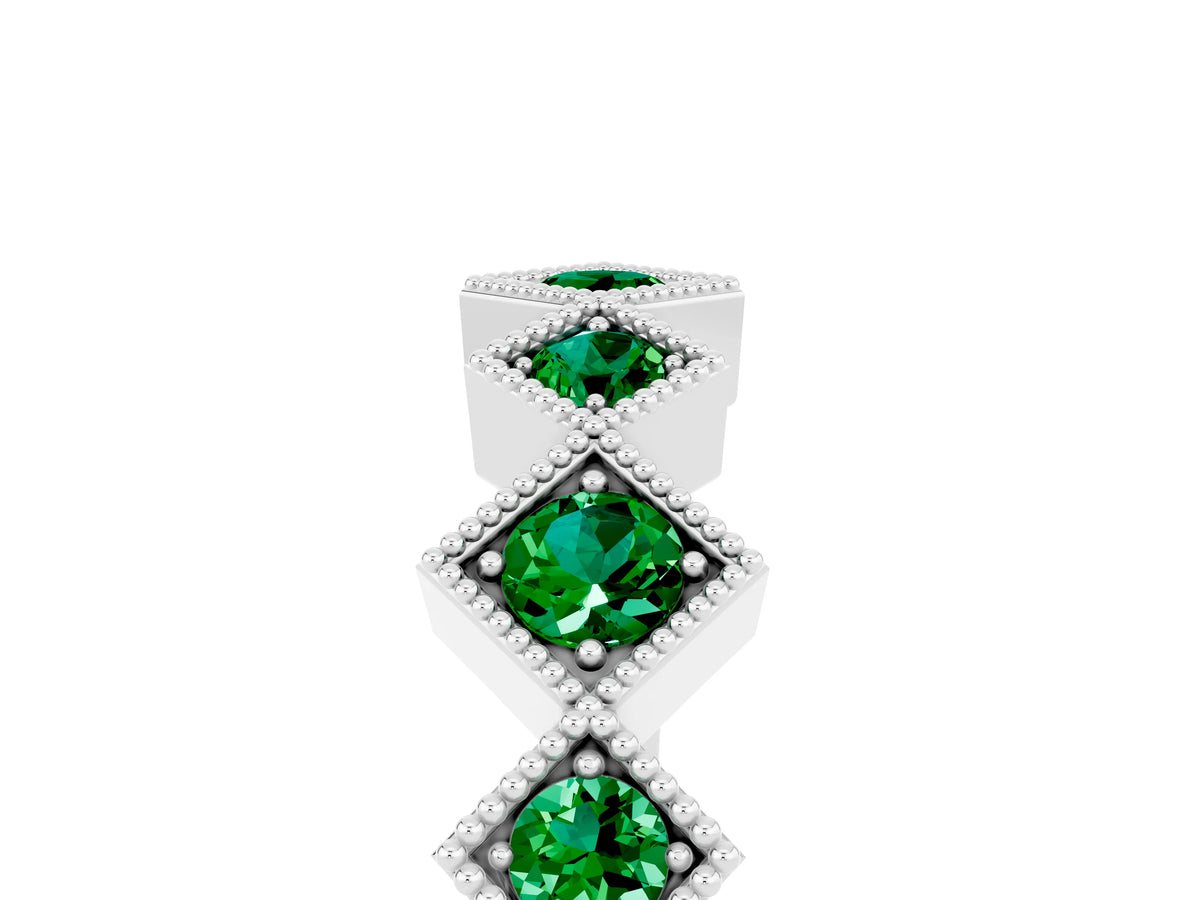Round Emerald Square Bezel Chevron Band in Silver with Milgrain Detailing_5