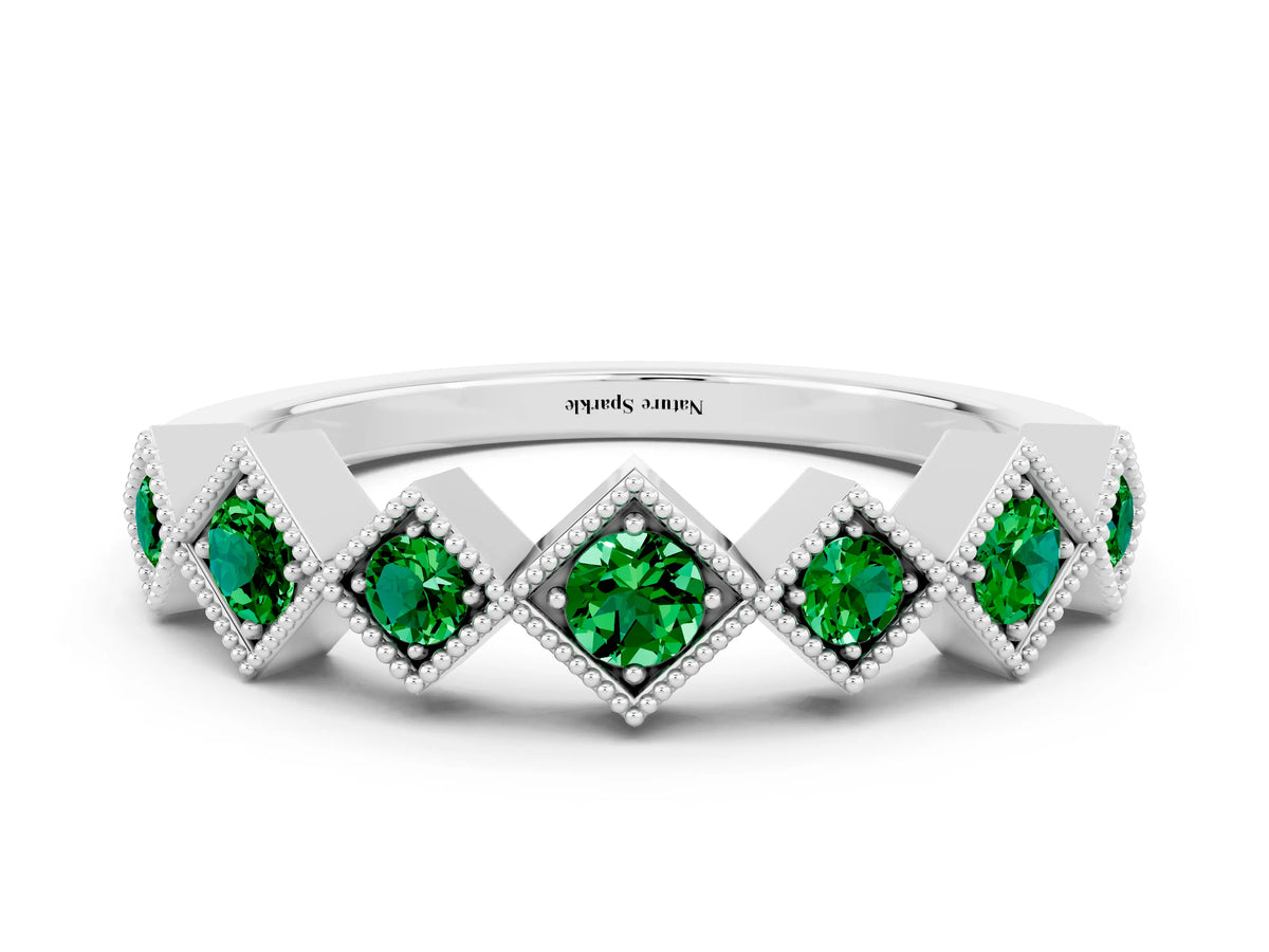 Round Emerald Square Bezel Chevron Band in White gold with Milgrain Detailing