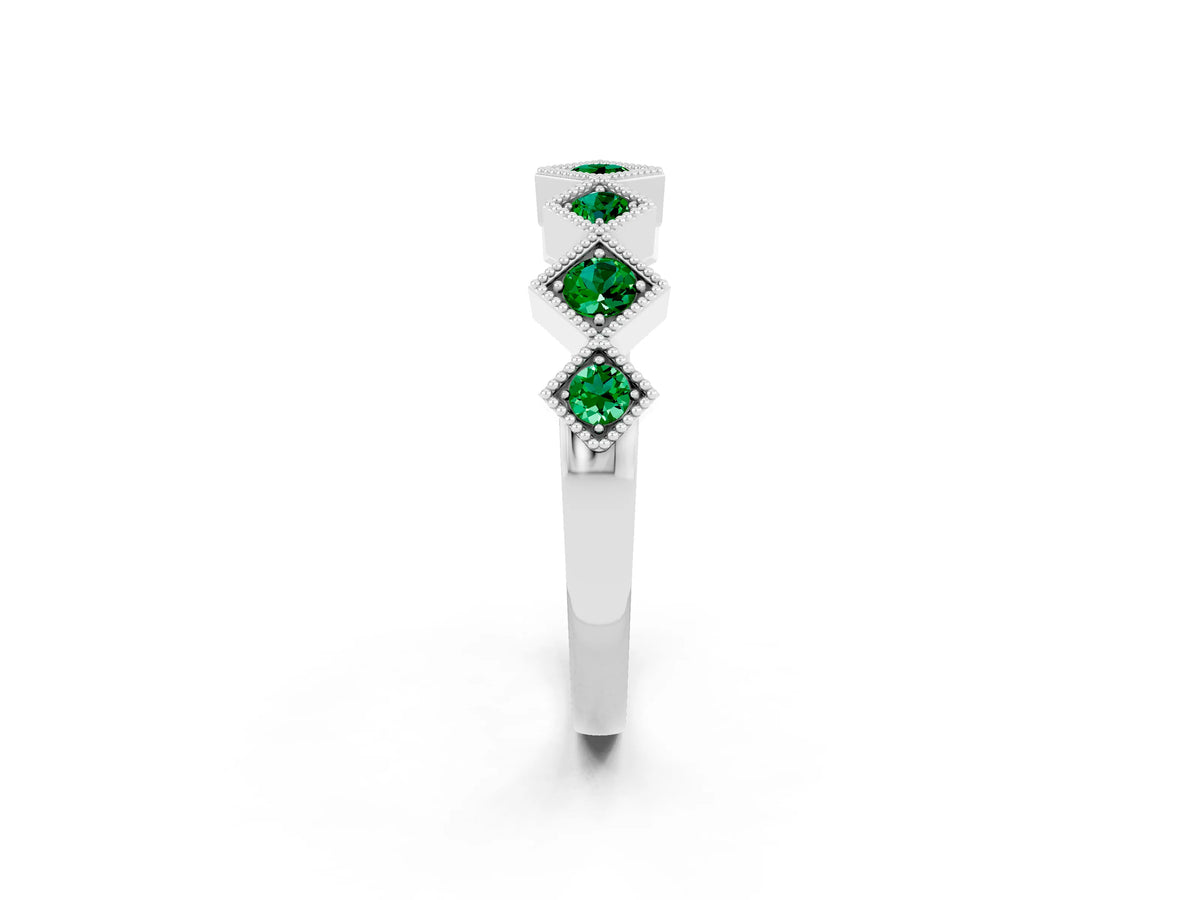 Round Emerald Square Bezel Chevron Band in White gold with Milgrain Detailing_2
