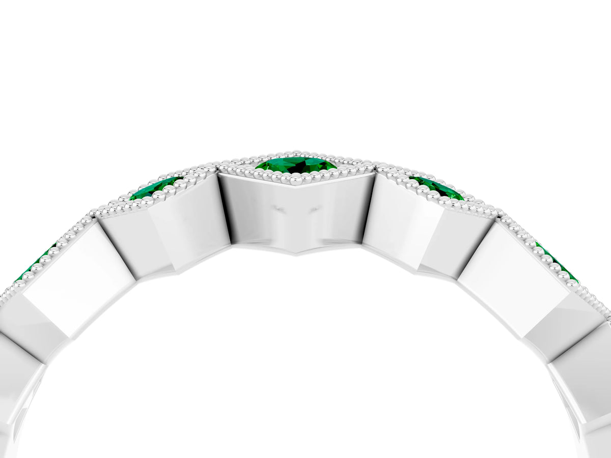Round Emerald Square Bezel Chevron Band in White gold with Milgrain Detailing_4